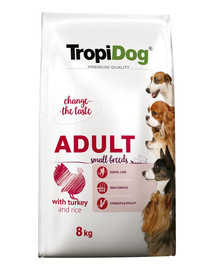 TROPIDOG Premium Adult S Turkey&Rice 8kg sausas maistas mažų veislių šunims kalakutiena  ir ryžiai