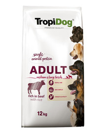 TROPIDOG Premium Adult M&L Beef&Rice 12kg sausas maistas vidutinių ir didelių veislių šunims Jautiena ir ryžiai
