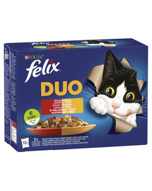 FELIX Duo Kaimo skoniai drebučiuose (jautiena ir paukštiena, vištiena ir inkstai, ėriena ir veršiena, kalakutiena ir kepenys) 12x85 g šlapias kačių maistas