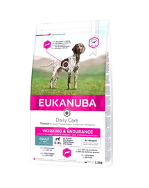 EUKANUBA Daily Care Working & Endurance 2,5kg  on kõrge energia- ja toitainete vajadusega töökoertele mõeldud toit.  ka tiinetel ja imetavatel emastel.