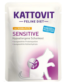 KATTOVIT Feline Diet Sensitive Kana ja kalkun 24 x 85 g tundlikele kassidele, kes kannatavad teatud toiduallergiate all.