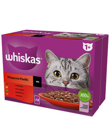 WHISKAS Täiskasvanute kotike 12 x 85 g Classic Meals märgtoit kassidele kastmetükkidena veise-, kana-, lamba-, linnulihaga