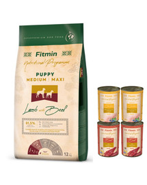 FITMIN Dog Nutritional Programme Medium Maxi Puppy Lambaliha ja loomaliha 12 kg keskmist ja suurt tõugu kutsikatele  + 4 purki TASUTA