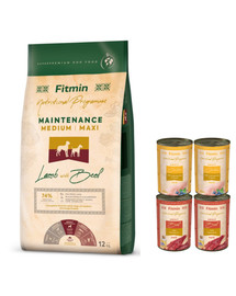 FITMIN Dog Nutritional Programme Medium Maxi Performance Lambaliha ja veiseliha 12 kg täiskasvanud keskmist ja suurt tõugu koertele, kelle aktiivsus on väga suur. +4 purku Tasuta