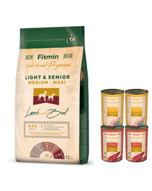 FITMIN Dog Nutritional Programme Medium Maxi Light Senior Lambaliha ja loomaliha 12 kg keskmist ja suurt tõugu vanematele koertele + 4 purgitäit toitu TASUTA