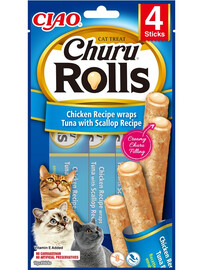 INABA Churu Rolls Chicken 4x10g kana, tuunikala ja kammkarpide wrap teie kassile