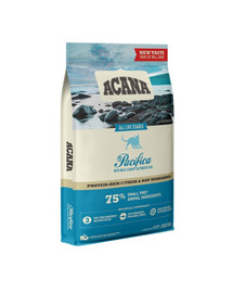 ACANA Pacifica Cat 4,5 kg sisaldab loodusest püütud kalade liha: heeringat, makrelli, merluusi, sinikaelust, lesta
