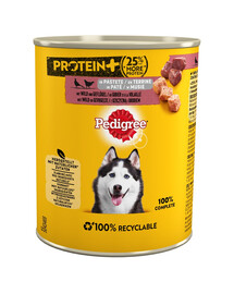 PEDIGREE Adult Protein+ purk 12x800 g täisväärtuslikku märgtoitu täiskasvanud koertele ulukiliha ja linnulihaga vahus