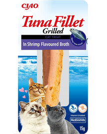 INABA Tuna fillet in shrimp broth 15g tuunifilee krevettidega maitsestatud puljongis kassidele