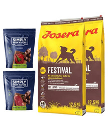 JOSERA Festival täiskasvanud valivale koerale 25kg (2x12,5kg) + SIMPLY FROM NATURE Looduslikud vorstid hobuse- ja hirvelihaga 2x200g