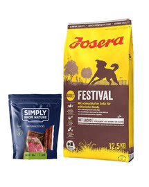 JOSERA Festival täiskasvanud kiuslikele koertele 12,5kg + SIMPLY FROM NATURE Looduslikud sigarid veiselihaga 3 tk.