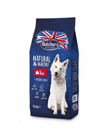 BUTCHER'S Natural&Healthy Dog kuivsööt veiselihaga 15kg + 4 x 400g Functional Dog Joints kanatükkidega kastmes TASUTA