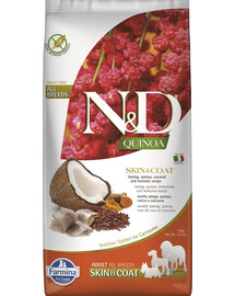 N&D Dog Quinoa Skin & Coat Herring 7 kg Toit ilma teravilja- ja gluteenilisandita. Asendatakse palju tervislikuma kinoaga. Heeringas, kinoa, kookos ja kurkum. Kõikide tõugude koertele, täiskasvanutele. Toetab naha ja karvkatte tervist.
