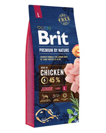 BRIT Premium By Nature Junior Large L Chicken 15 kg toit kanaga suurte tõugude kutsikatele (täiskasvanu kaal 25-45 kg) vanuses 1 kuni 24 kuud.