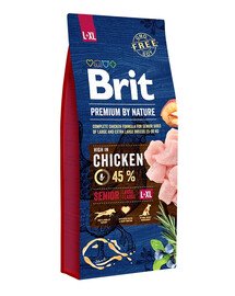 BRIT Premium By Nature Senior Large Extra Large L+XL Chicken15 kg Täistoit kanaga vanematele suurtele ja eriti suurtele tõugu koertele (25-90 kg), kes on üle 7 aasta vanad.