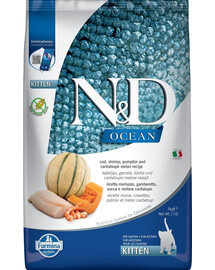 FARMINA N&D Ocean Cat Kitten cod, shrimp, pumpkin & cantaloupe melon 5 kg tursk, krevetid, kõrvits ja melon kassipoegadele