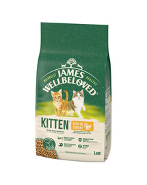 JAMES WELLBELOVED Kitten 1,5 kg kuiv täistoit kassipoegadele <12 kuud, mis sisaldab rohkelt kalkunit ja riisi.