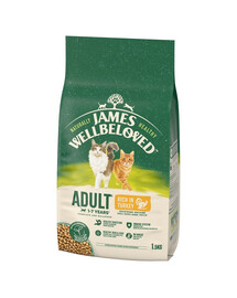 JAMES WELLBELOVED 1,5 kg kuiv täistoit täiskasvanud kassidele 1-7 aastat, mis sisaldab rohkelt kalkunit.
