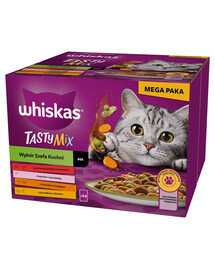 WHISKAS Adult Tasty Mix Chef's Choice kastmes 24x85 g tükki veise-, lõhe-, kana- ja kalkuniliha, kana ja tursaga täiskasvanud kassidele