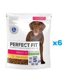 PERFECT FIT Adult 1+ kuiv täistoit täiskasvanud suurtele tõukoertele, mis sisaldab rohkelt kana 6x825 g.