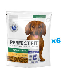 PERFECT FIT Senior 10+ kuiv täistoit üle 10-aastastele väikestele tõukoertele, mis sisaldab rohkelt kana 6x825 g.