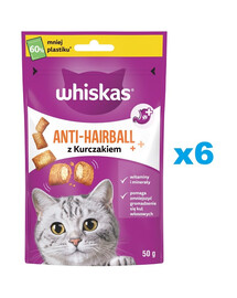 WHISKAS Anti-Hairball 6x50 g karvad eemaldavad maiustused täiskasvanud kassidele