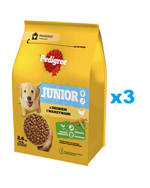 PEDIGREE Junior 3x2,6 kg linnuliha ja köögiviljadega kuiv täistoit kasvavatele suurtele ja keskmise suurusega koertele