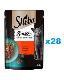 SHEBA Sauce Collection Juicy Flavours kotike 28x85 g märg täistoit täiskasvanud kassidele tükki veiselihaga kastmes