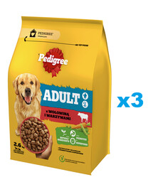 PEDIGREE Adult 3x2,6 kg veiseliha ja köögiviljadega kuiv täistoit täiskasvanud suurtele ja keskmise suurusega koertele