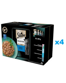 SHEBA Selection Fish Flavours kotikesed 48x85g märg täistoit täiskasvanud kassidele kastmetükkides lõhe ja musta tursa, valge kala, ookeanikala, tursaga