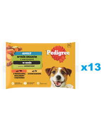 PEDIGREE Selection of flavours koos köögiviljadega kastmes 52x100g märja koeratoidu tükid, mis sisaldavad rohkelt kana ja rikkalikult veiseliha ja maksa segu