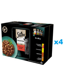 SHEBA Selection Juicy Flavours kotikesed 48x85g märg täistoit täiskasvanud kassidele kana- ja veiseliha, kana-, lamba-, pardi- ja kalkuniliha kastmes.