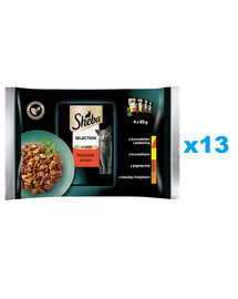SHEBA Selection Juicy Flavours kotikesed 52x85g märg täistoit täiskasvanud kassidele kana- ja veiseliha, kana-, lamba-, pardi- ja kalkuniliha kastmes.