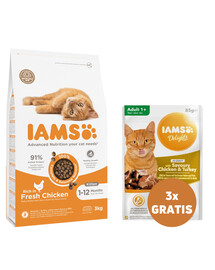 IAMS For Vitality Cat Adult Hairball Chicken 3 kg + 3 x kana ja kalkun kastmes 85 g TASUTA