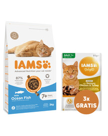 IAMS for Vitality täiskasvanud kassidele ookeani kalaga 3 kg + 3 x kana ja kalkun kastmes 85 g