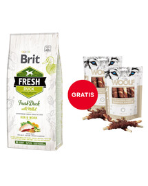 BRIT Fresh duck with millet active run & work 12 kg + WOOLF Chicken And Rawhide Twister 2 x 100g kuivatatud nahaga mähitud kana tasuta