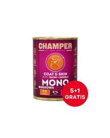 CHAMPER Coat Skin Wołowina monobiałkowa karma dla psa 6 x 400 g (5+1 GRTIS)
