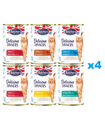 BUTCHER'S Delicious Dinners Mix smaków w galaretce 24x400g kawałki z kurczakiem, z dziczyzną, z pstrągiem, z rybą morską, z wołowiną