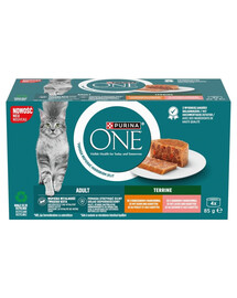 ONE Adult Terrine 4x85g z kurczakiem i marchewką i z łososiem i marchewką, mokra karma dla kotów