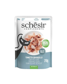 SCHESIR Complements Tuńczyk z morszczukiem w galarecie saszetka 70 g karma mokra uzupełniająca dla kotów