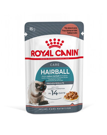 Royal Canin Hairball Care 85 g X 12 tükid, mis on leotatud maitsvas kastmes, mis on mõeldud karvapallidele kalduvatele täiskasvanud kassidele.