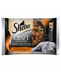 SHEBA pakendid 4x85g Craft Collection Mahlased maitsed - märgtoit kassidele kastmes (veiseliha, lambaliha, kalkuniliha, kanaliha)
