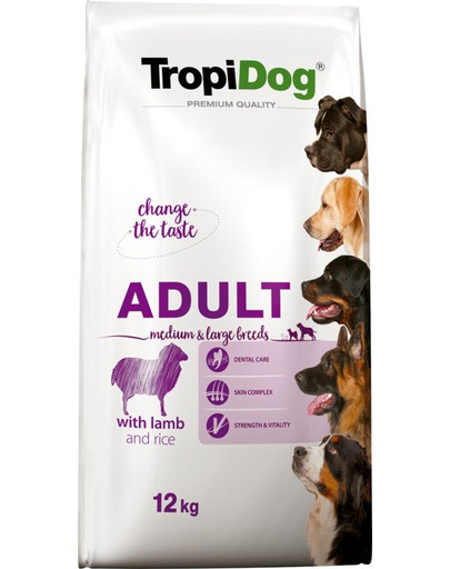 TROPIDOG Premium Adult M&L Lamb&Rice 12kg sausas maistas vidutinių ir didelių veislių šunims. ėriena ir ryžiai