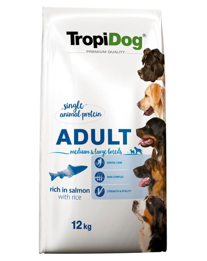 TROPIDOG Premium Adult M&L Salmon&Rice 12kg sausas maistas vidutinių ir didelių veislių šunims. Lašiša ir ryžiai