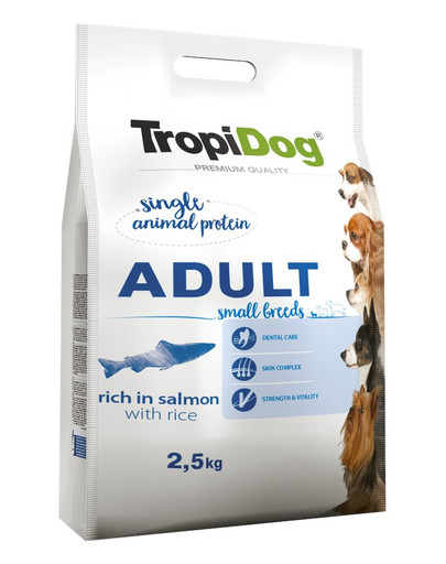 TROPIDOG Premium Adult S Salmon&Rice 2,5 kg sausas maistas mažų veislių šunims Lašiša ir ryžiai