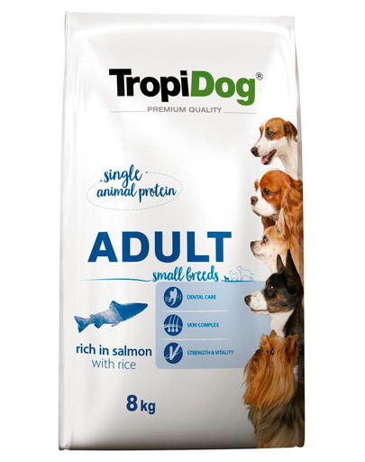 TROPIDOG Premium Adult S Salmon&Rice 8 kg sausas maistas mažų veislių šunims Lašiša ir ryžiai