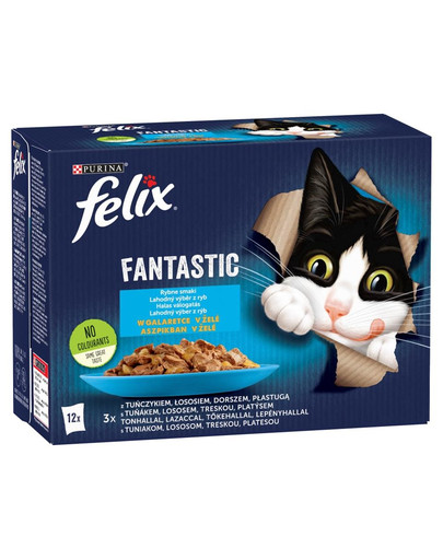 FELIX FANTASTIC Žuvies skonio drebučiuose (tunas, lašiša, menkė, plekšnė) 12x85g drėgnas kačių maistas