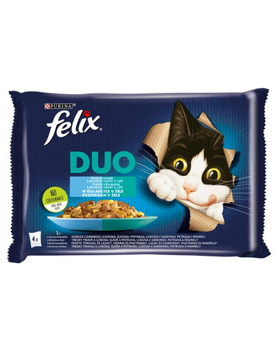FELIX Duo Žuvies skoniai drebučiuose (juodoji menkė ir lašiša, silkė ir upėtakis, lašiša ir sardinės, upėtakis ir skumbrė) 48x85 g šlapio kačių maistas