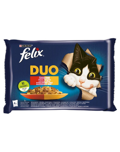 FELIX Duo  Maamaitsed tarretis (veise- ja linnuliha, kana ja neerud, lamba- ja vasikaliha, kalkun ja maks) 48x85 g kassi märgtoit