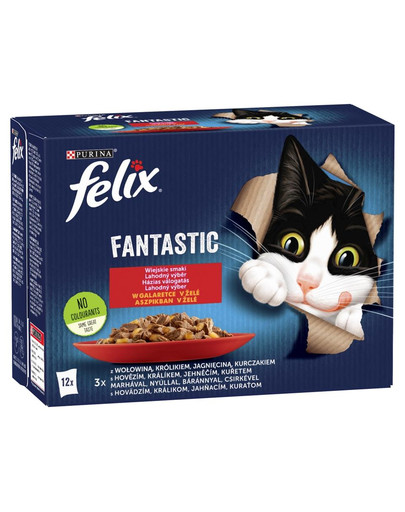FELIX FANTASTIC Kaimų skoniai drebučiuose (jautiena, triušis, ėriena, vištiena)12x85gdrėgnas kačių maistas